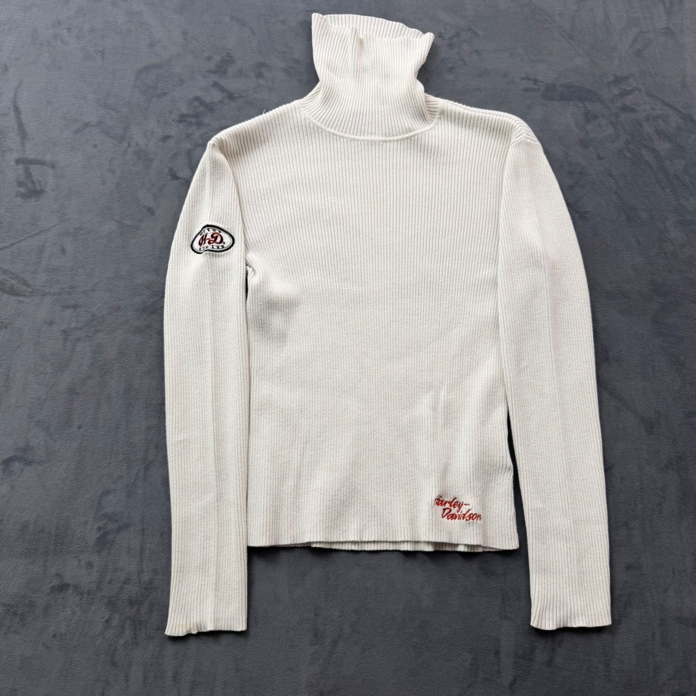 Harley-Davidson Womens Cream Ribbed Turtleneck Sweater Cotton Embroidered Small